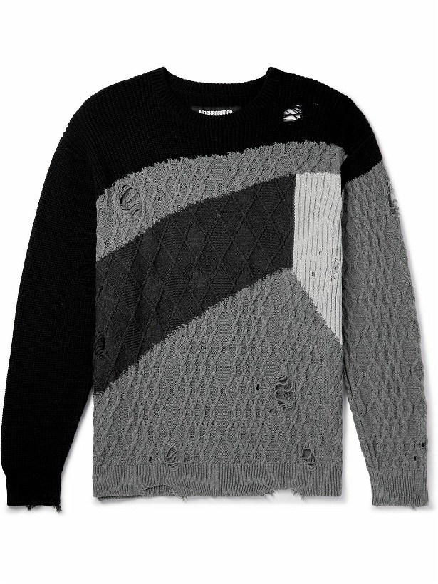 Photo: Neighborhood - Distressed Patchwork Cable-Knit Cotton Sweater - Black