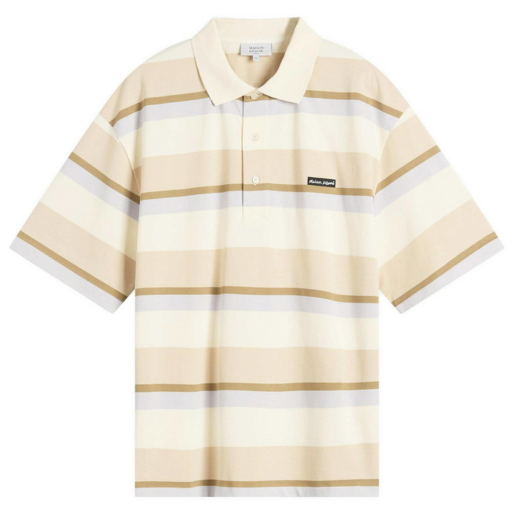 Photo: Maison Kitsuné Men's Striped Oversize Polo in Soft Mauve/Cardamone