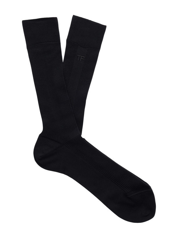 Photo: TOM FORD - Logo-Embroidered Ribbed Cotton Socks - Black