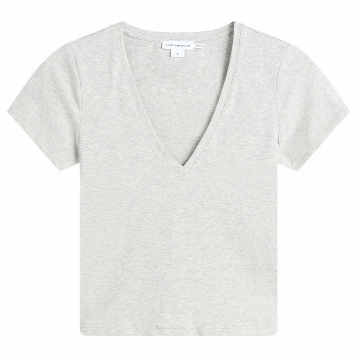 Photo: Good American Women's Super Stretch V-Neck Baby T-Shirt in Heather Grey