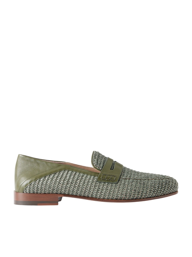Photo: Manolo Blahnik - Padstow Collapsible-Heel Leather-Trimmed Raffia Loafers - Green