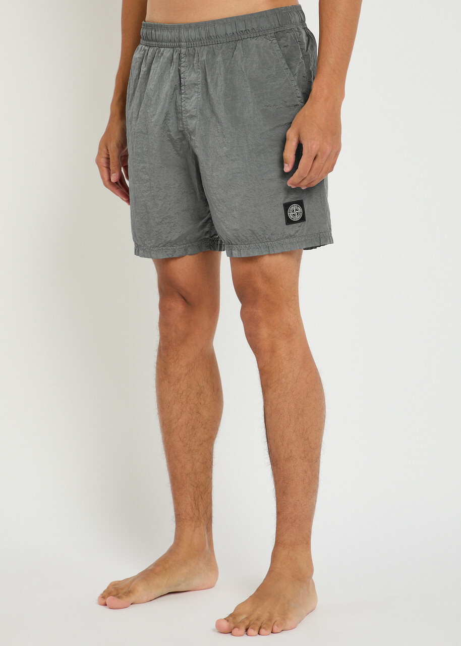 Stone Island Logo Crinkled Nylon Swim Shorts Grey