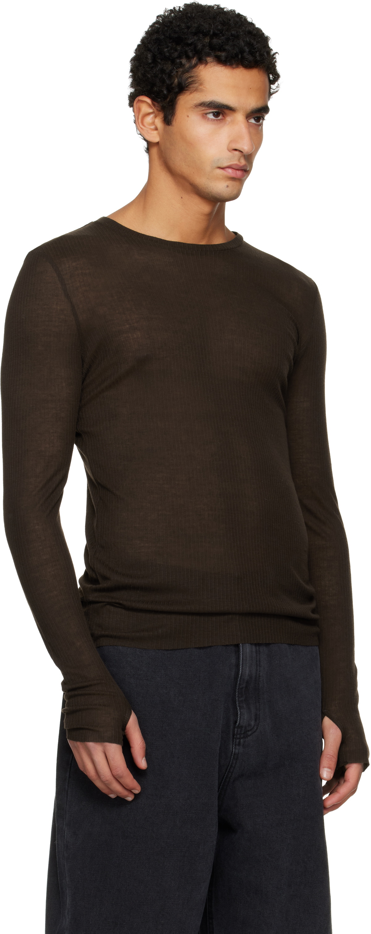 TONYWACK Brown Sheer Wool Ribbed Knit T-shirt