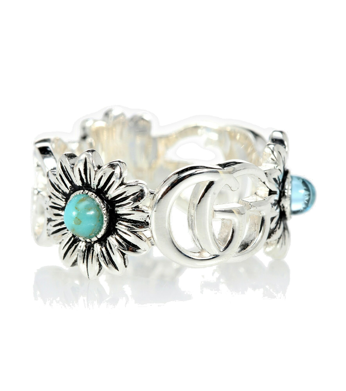 Gucci - Double G flower sterling silver ring with topaz and