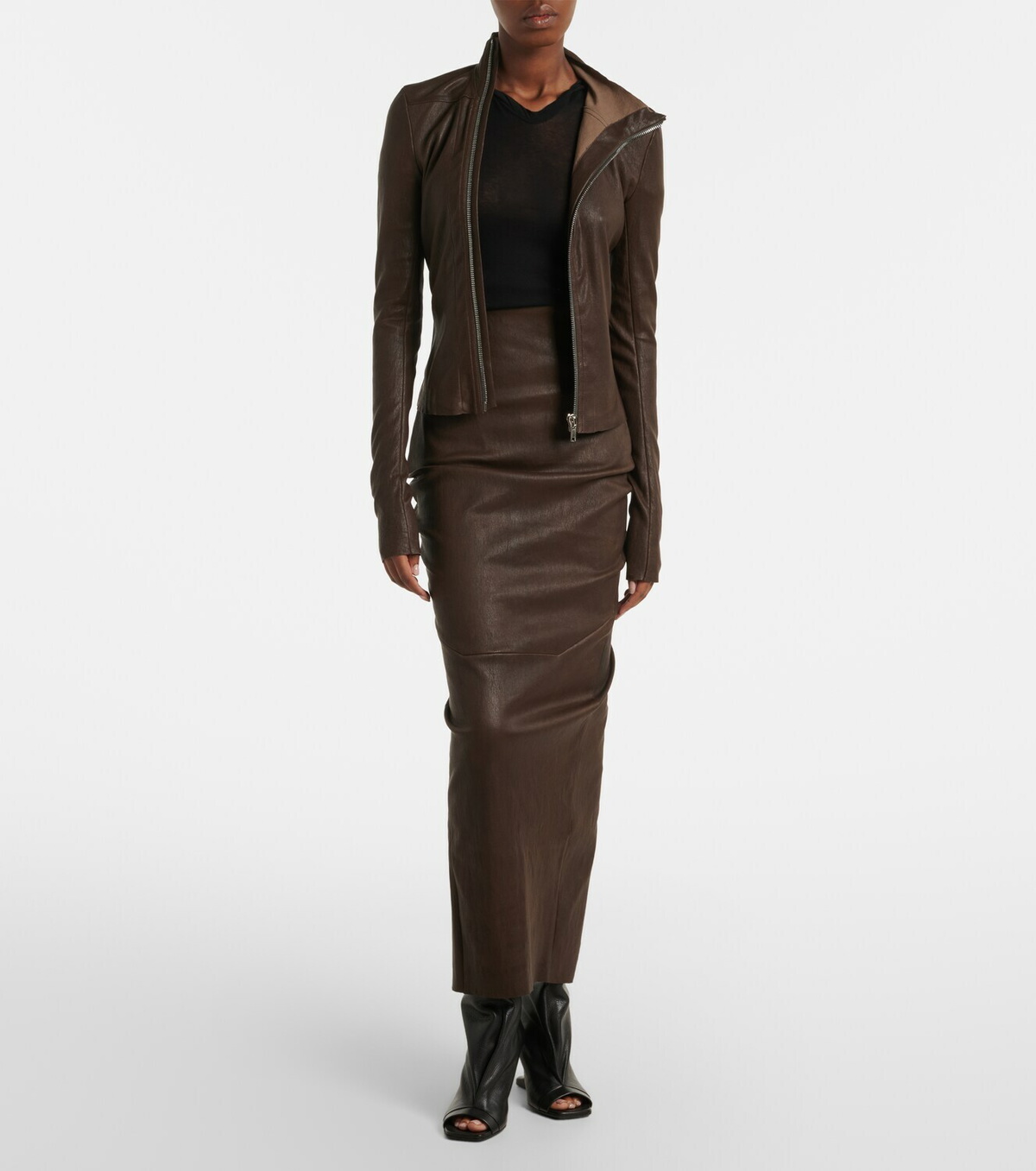 Rick Owens Dirt Pillar leather and cotton midi skirt