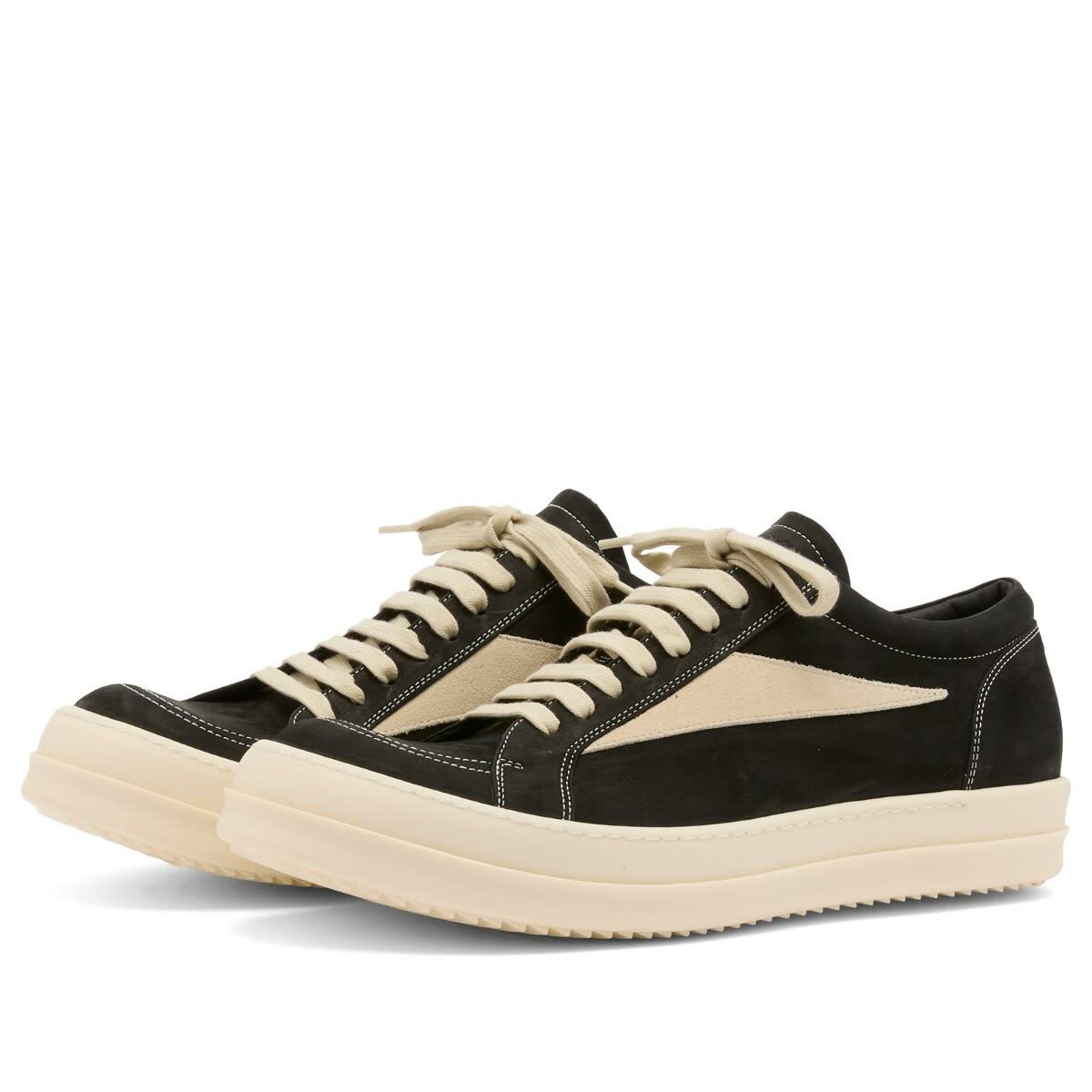 Rick Owens Men's Nubuck Vintage Sneaks in Black/Milk/Milk Rick Owens