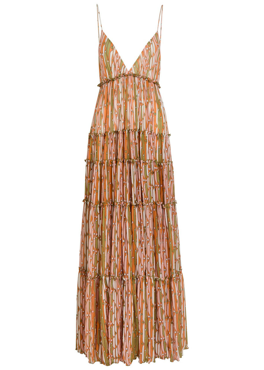LA Double J Nymph Printed Tiered Stretch-tulle Maxi Dress Pink