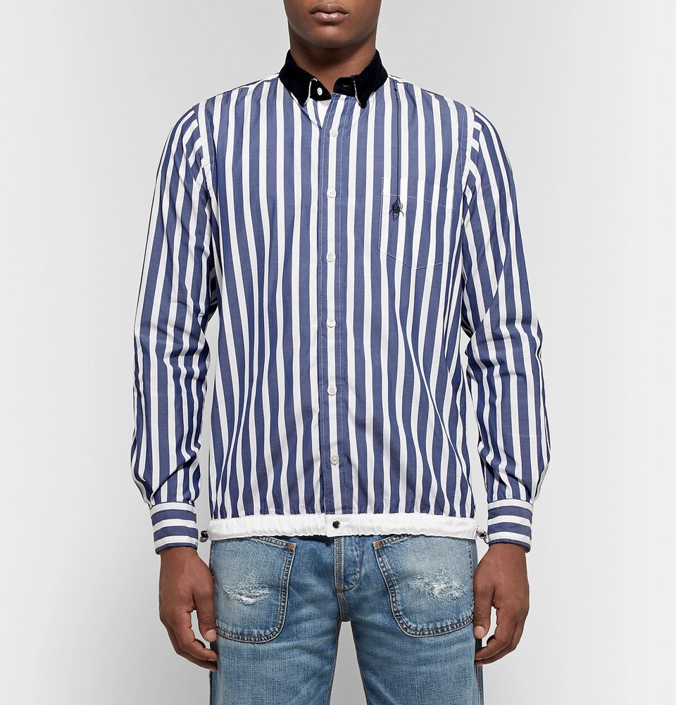 Sacai - Dr. Woo Embroidered Corduroy-Trimmed Striped Cotton Shirt - Blue