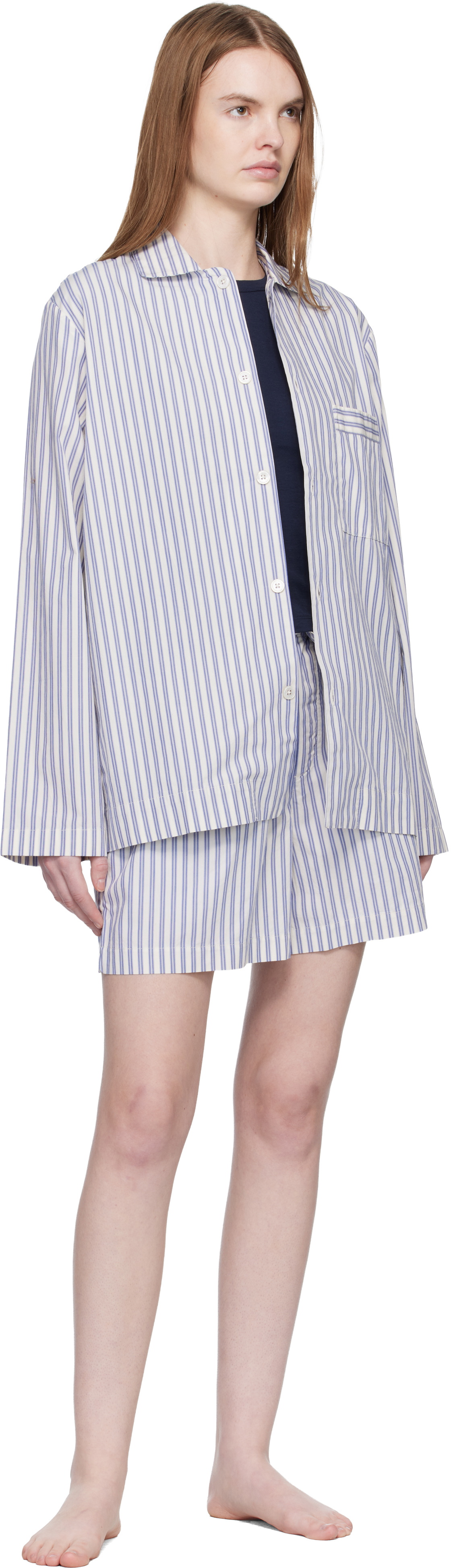Tekla White & Blue Poplin Pyjama Shorts