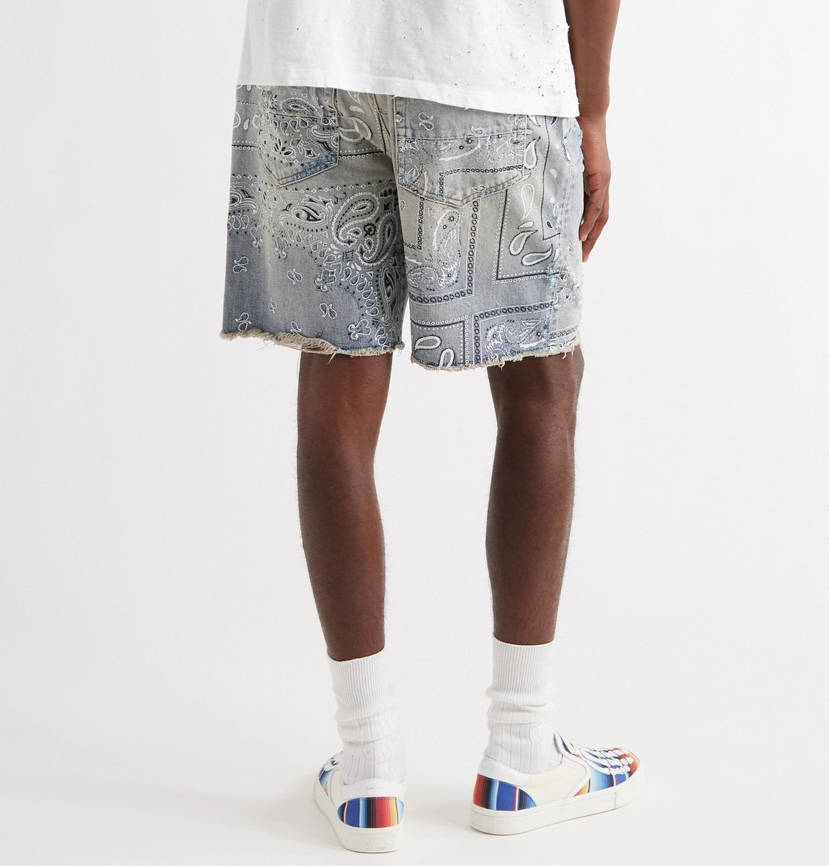 AMIRI - Wide-Leg Distressed Bandana-Print Denim Shorts
