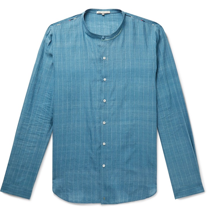 Photo: 11.11/eleven eleven - Virgo Grandad-Collar Indigo-Dyed Embroidered Striped Slub Cotton Shirt - Blue