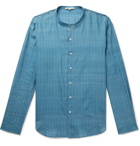 11.11/eleven eleven - Virgo Grandad-Collar Indigo-Dyed Embroidered Striped Slub Cotton Shirt - Blue