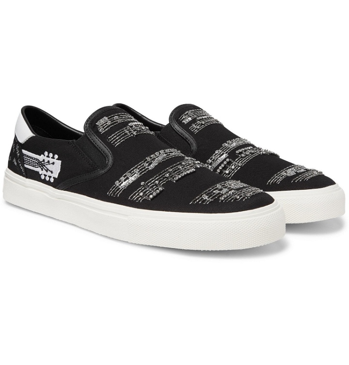 Photo: AMIRI - Embellished Leather-Trimmed Canvas Slip-On Sneakers - Black