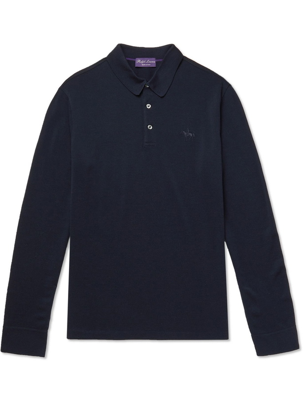 Photo: RALPH LAUREN PURPLE LABEL - Slim-Fit Logo-Embroidered Wool-Piqué Polo Shirt - Blue