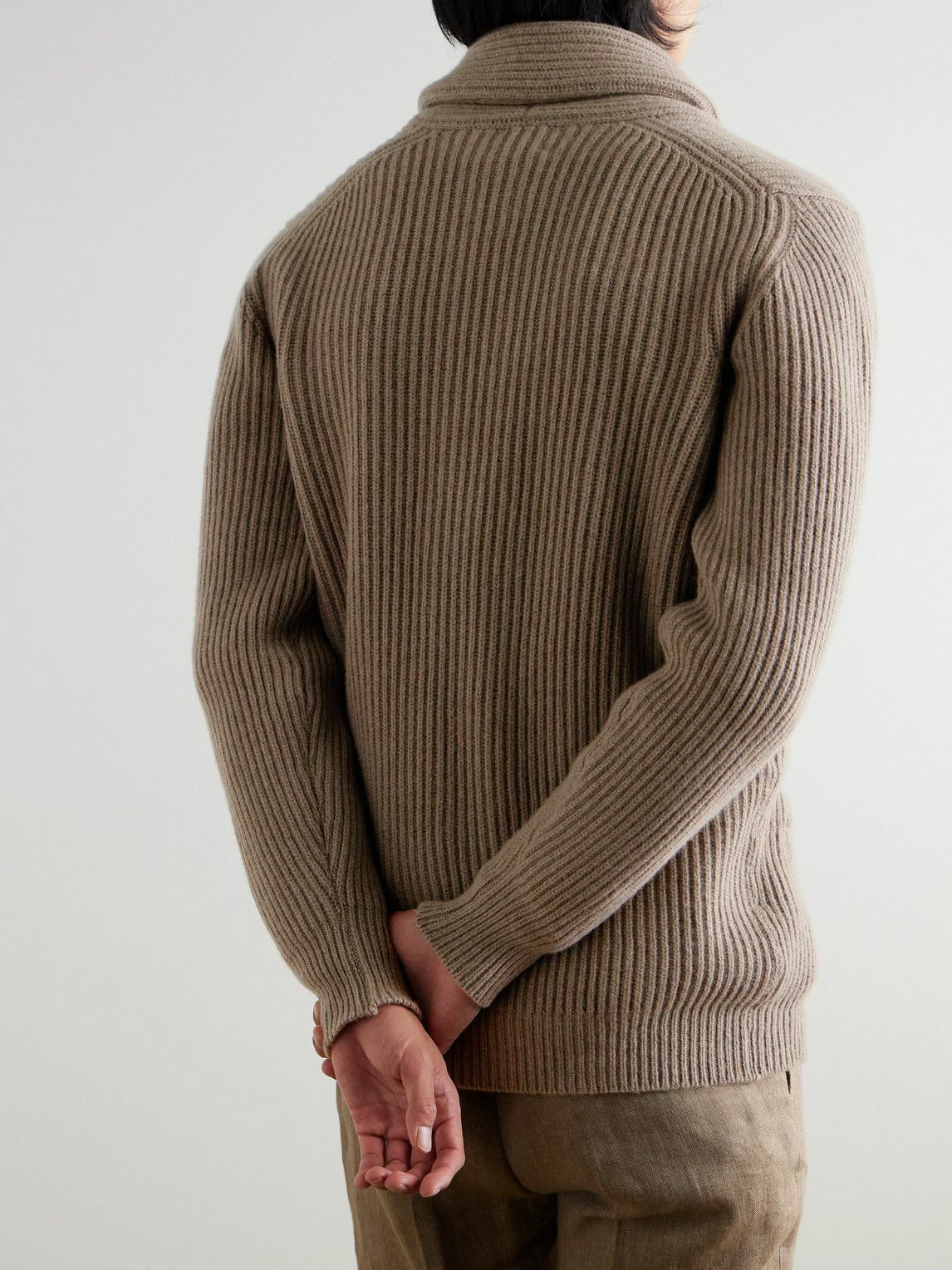 Kingsman - Shawl-Collar Ribbed Wool and Cashmere-Blend Cardigan - Neutrals