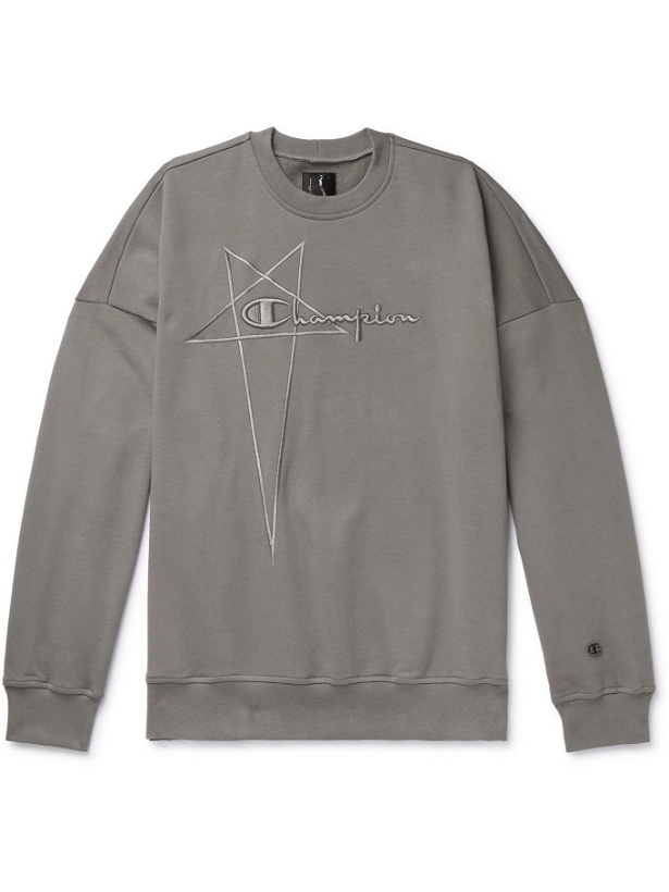Photo: RICK OWENS - Champion Logo-Embroidered Organic Loopback Cotton-Jersey Sweatshirt - Gray - XS
