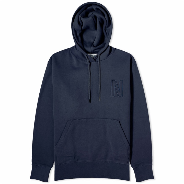 Photo: Norse Projects Men's Arne Relaxed N Logo Hoodie in Dark Navy