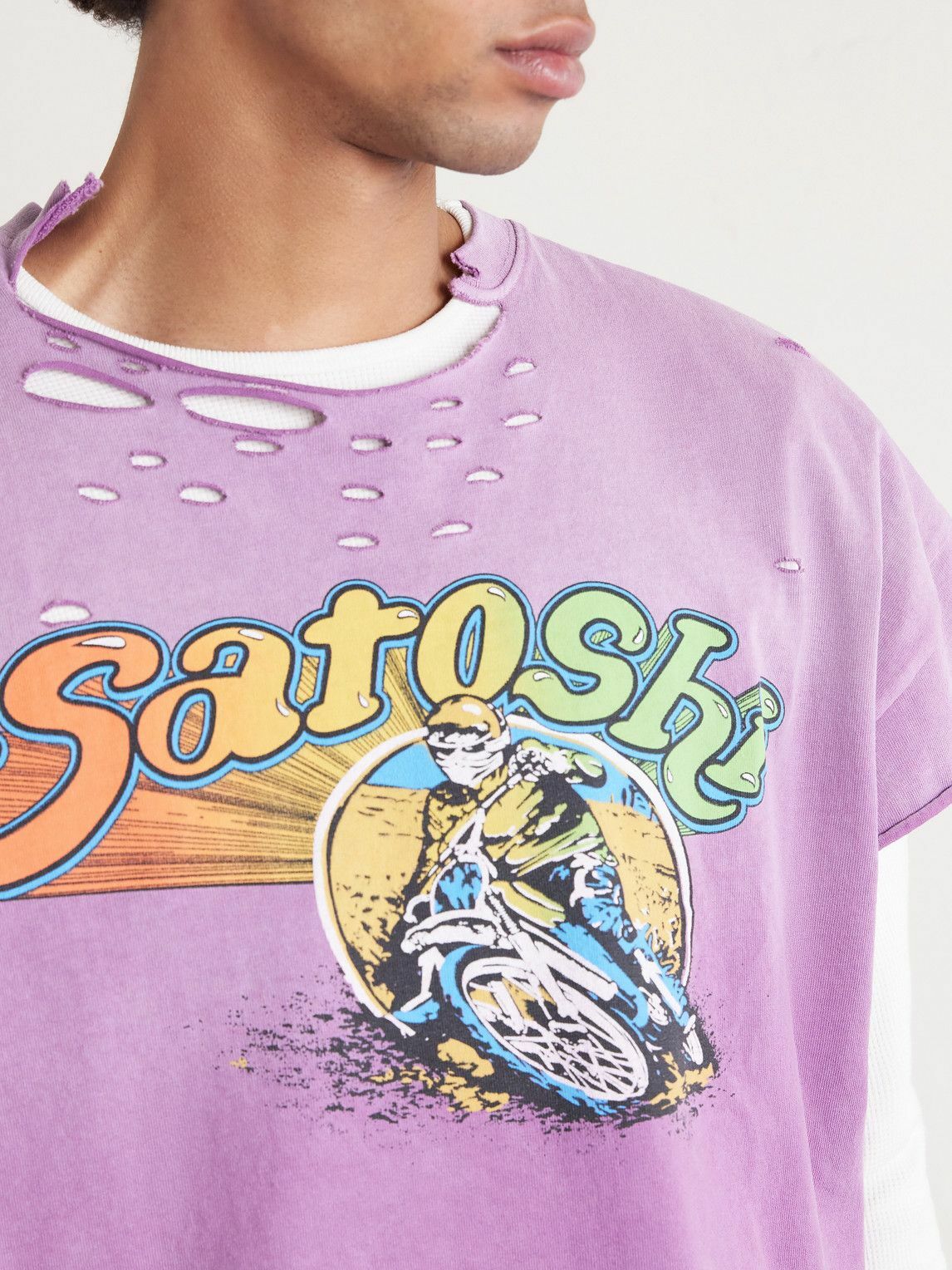 Satoshi Nakamoto - 1977 Dirtbike Layered Distressed Printed Waffle-Knit and Cotton-Jersey T-Shirt - Purple
