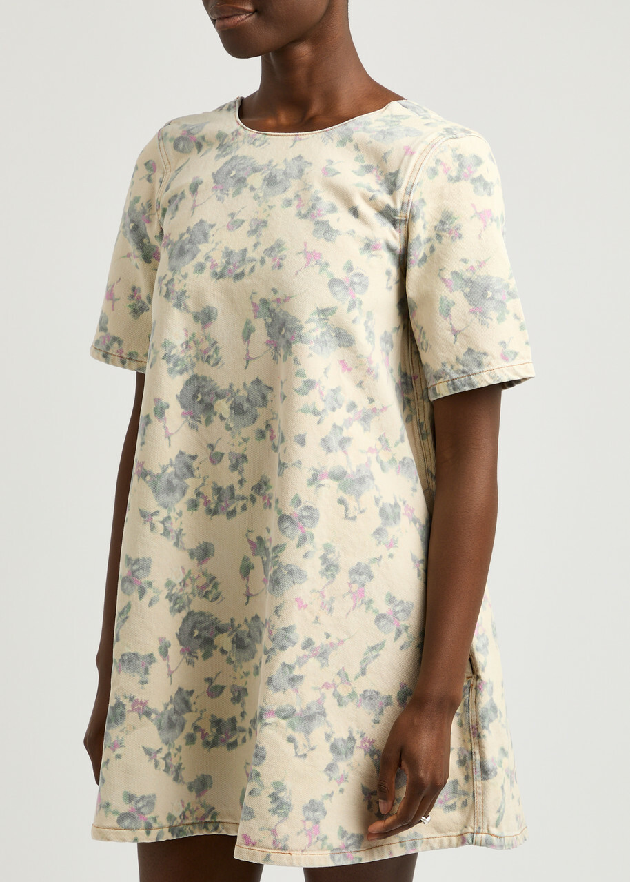Ganni Floral-print Denim Mini Dress Beige