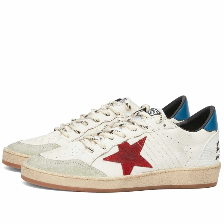 Photo: Golden Goose Men's Ball Star Ornamental Leather Sneakers in White/Red/Ice/Ocean Blue