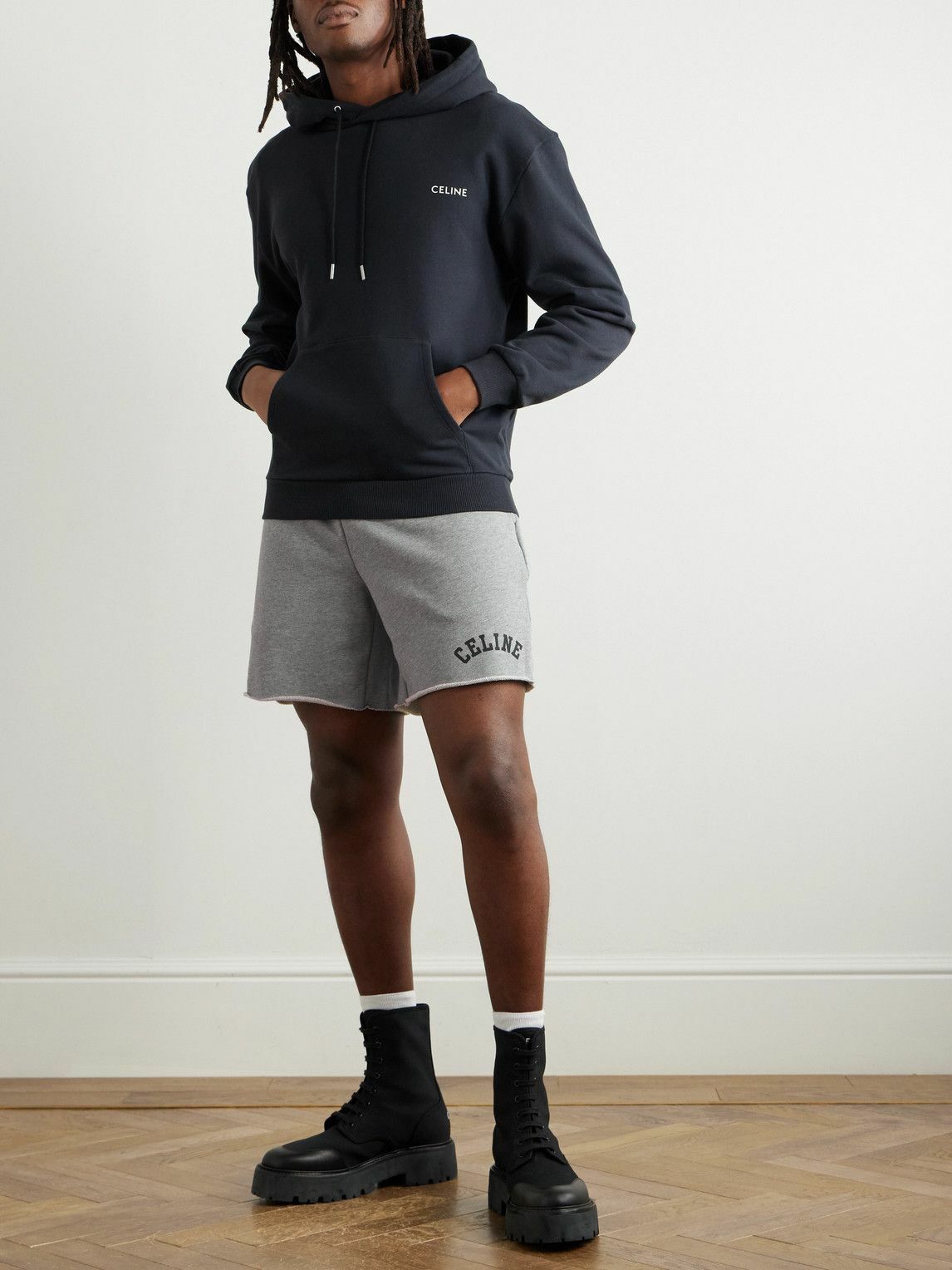 CELINE - Wide-Leg Logo-Print Cotton-Jersey Shorts - Gray