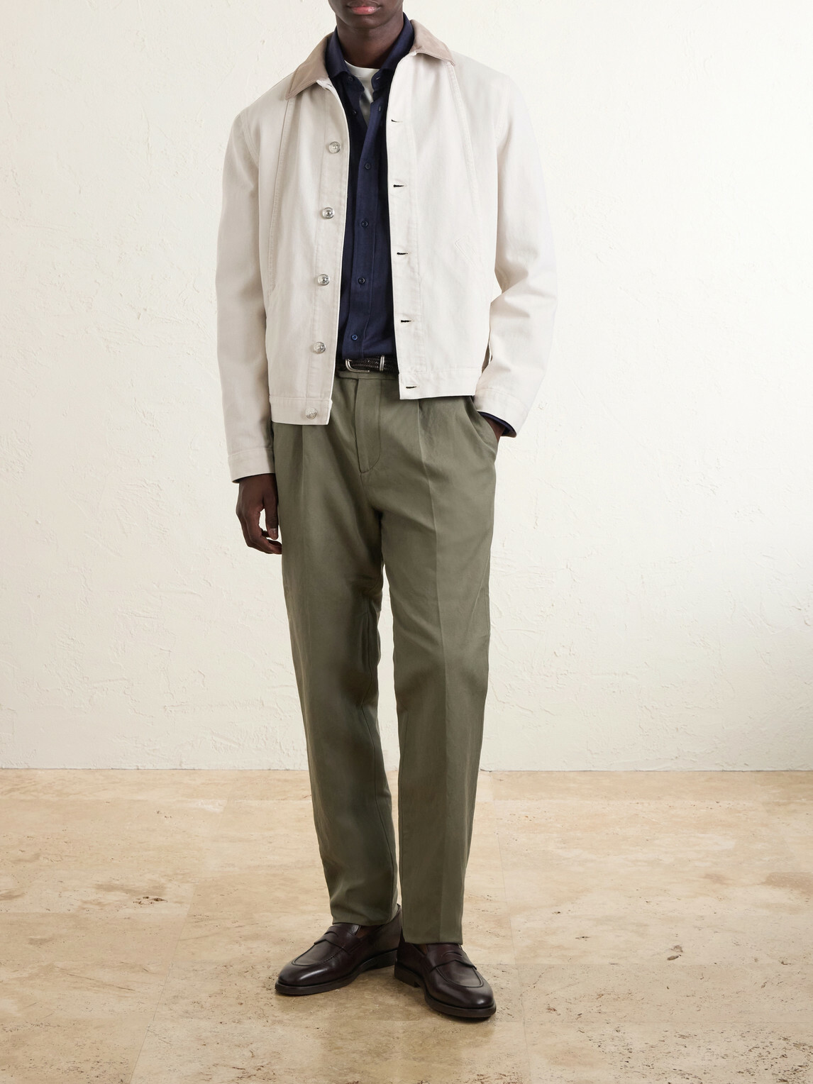 Brunello Cucinelli - Leather-Trimmed Denim Jacket - Neutrals
