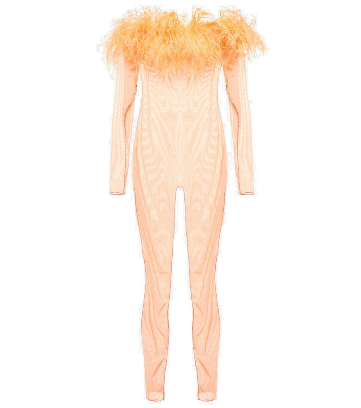 Photo: Oseree - Feather-trimmed mesh jumpsuit