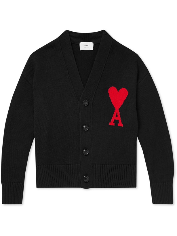 Photo: AMI PARIS - Logo-Intarsia Organic Cotton and Wool-Blend Cardigan - Black