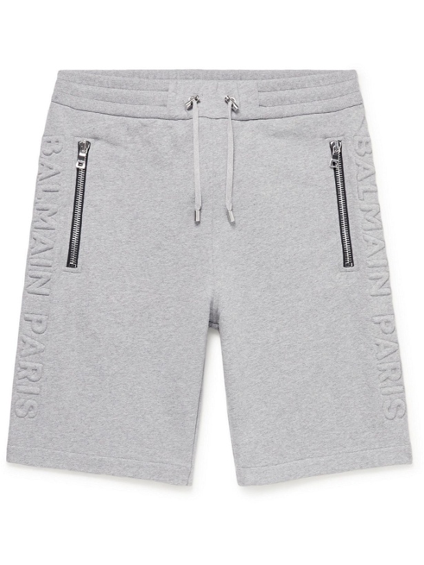 Photo: BALMAIN - Logo-Embossed Cotton-Jersey Drawstring Shorts - Gray
