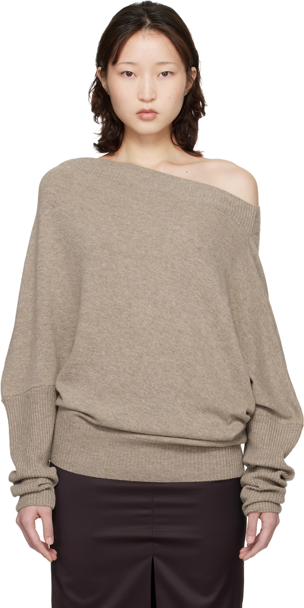 Cordera Taupe Merino Wool Off-Shoulder Sweater