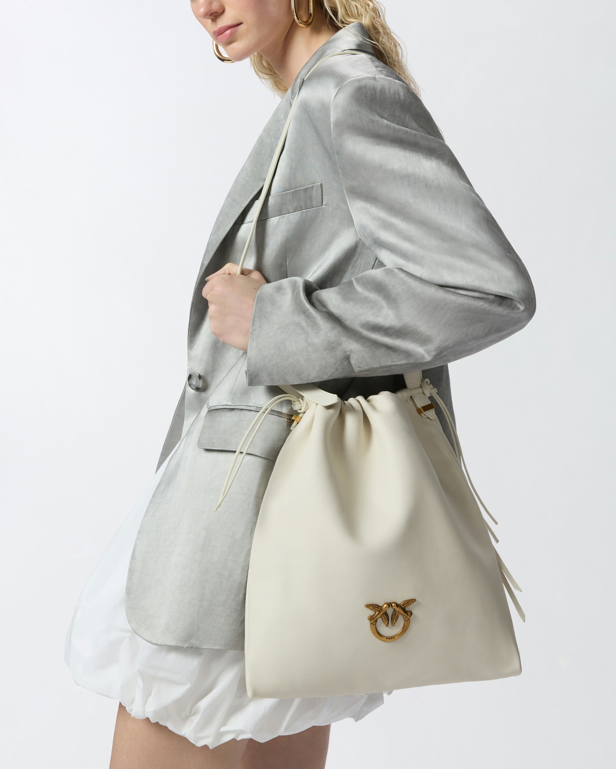 Pinko Soft Leather Square Bag With Logo White+White Antique Gold