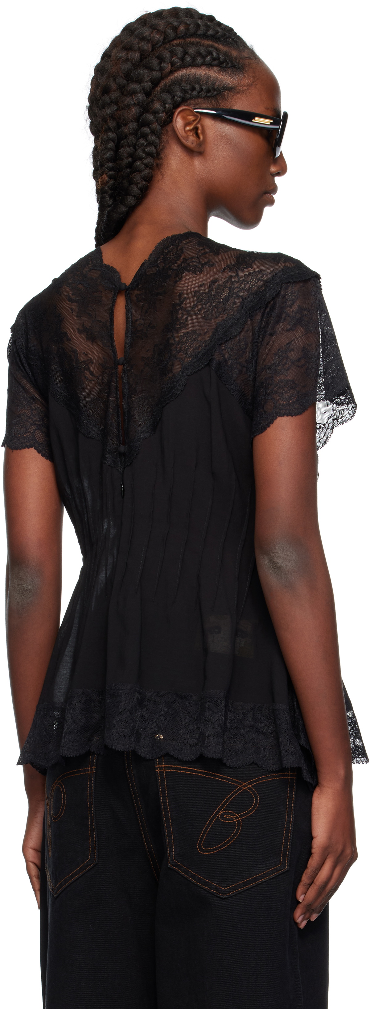 Pushbutton Black Lace Trim Darted Top
