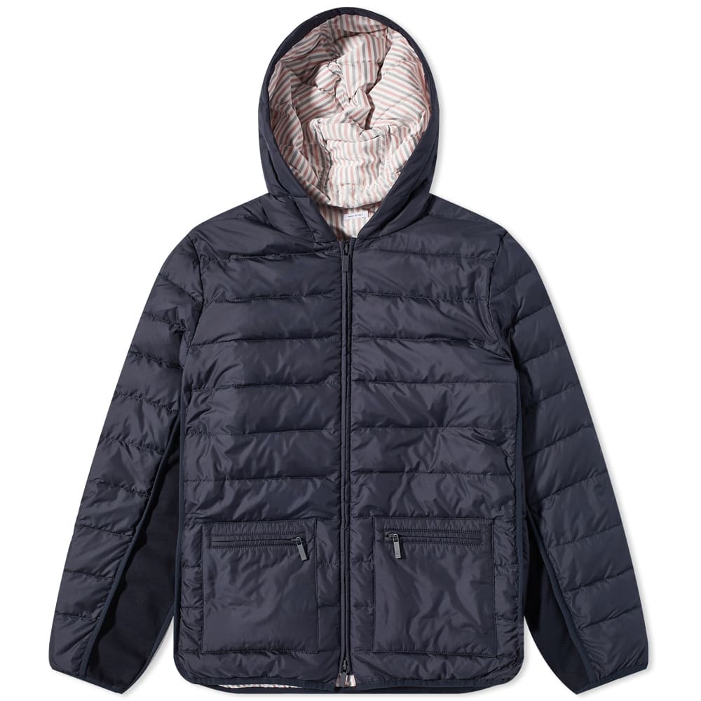 Thom Browne Men's Knit Panel Hooded Down Jacket in Navy Thom Browne