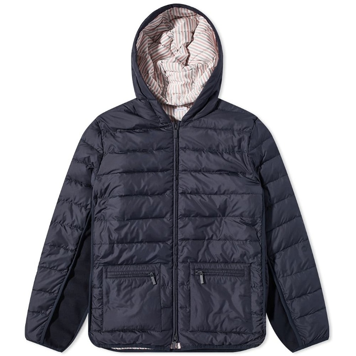Photo: Thom Browne Men's Knit Panel Hooded Down Jacket in Navy