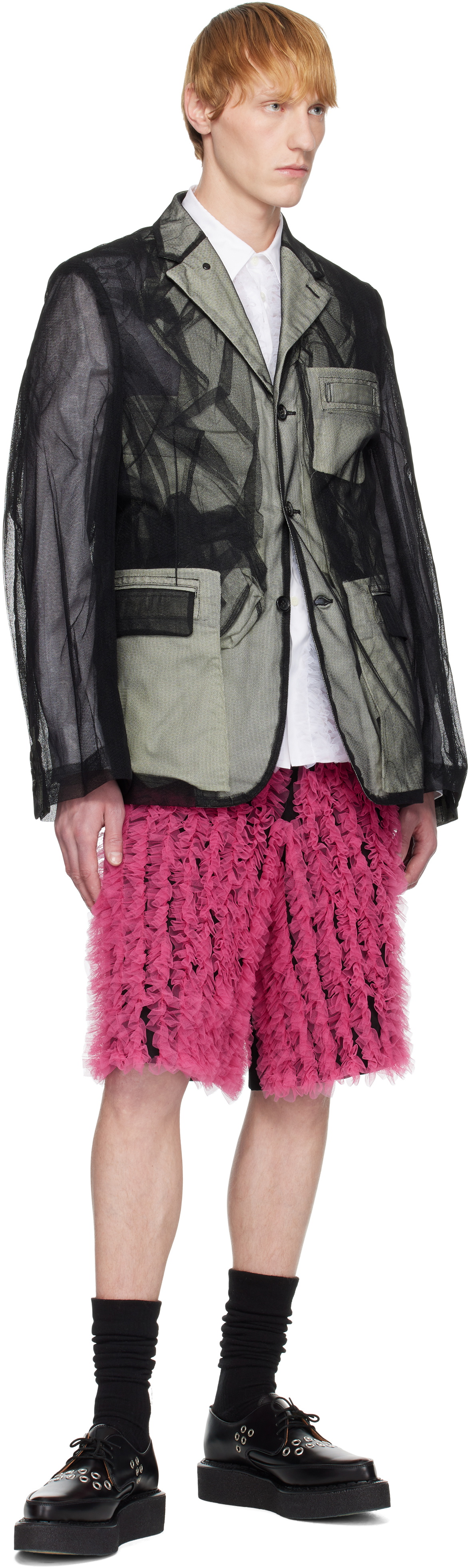 Comme des Garçons Homme Plus Black & Pink Wool Gabardine Medium & Nylon Tulle Shorts