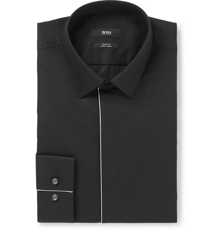 Photo: Hugo Boss - Black Slim-Fit Piped Cotton-Poplin Tuxedo Shirt - Men - Black