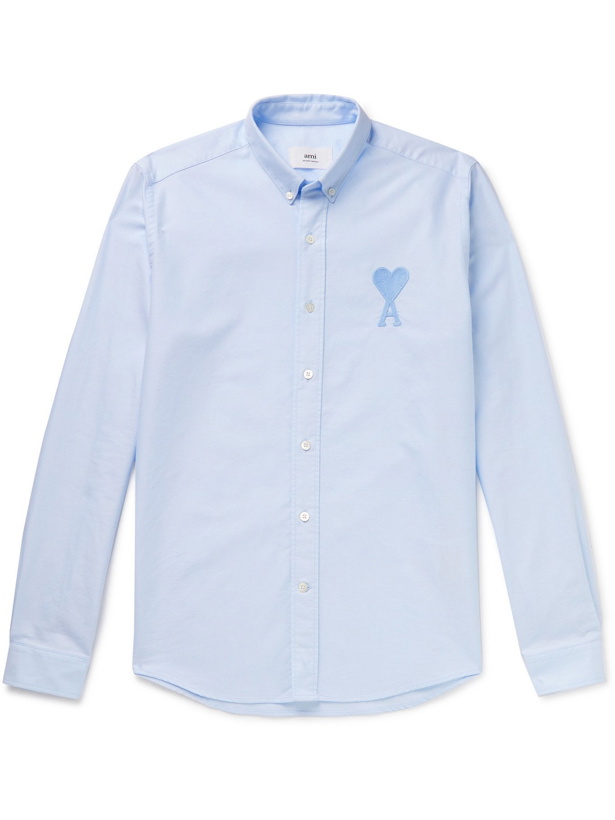Photo: AMI PARIS - Button-Down Collar Logo-Embroidered Cotton Oxford Shirt - Blue - EU 39