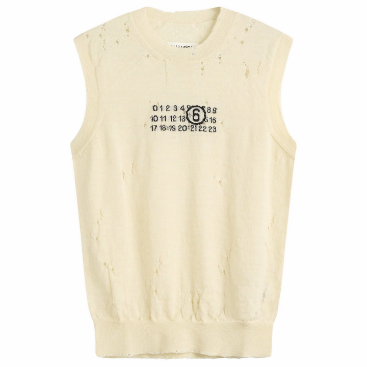 Photo: MM6 Maison Margiela Men's Numbers Logo Distressed Knitted Vest in Off White