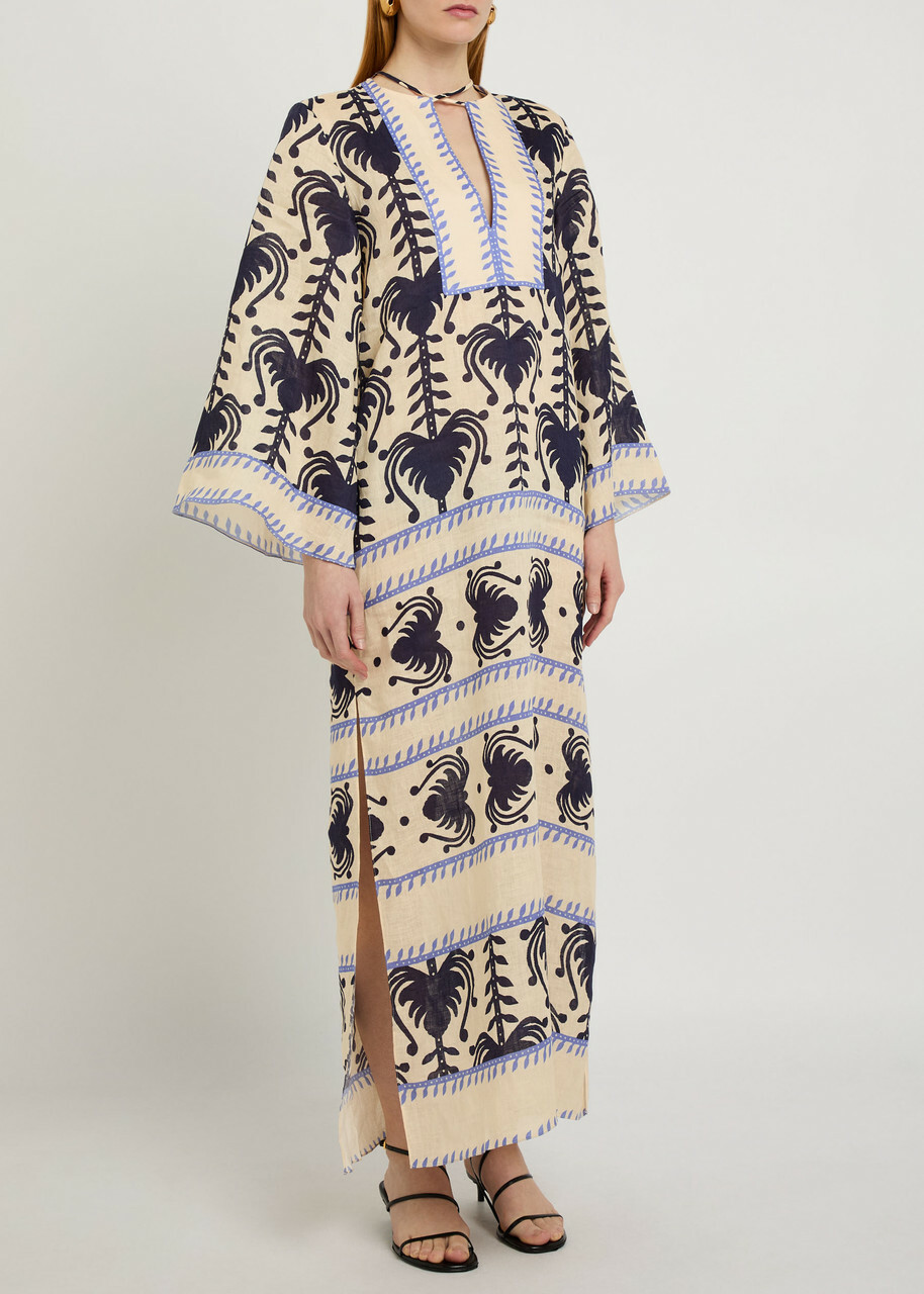 Johanna Ortiz Savannah Patterned Linen Maxi Tunic Dress Beige