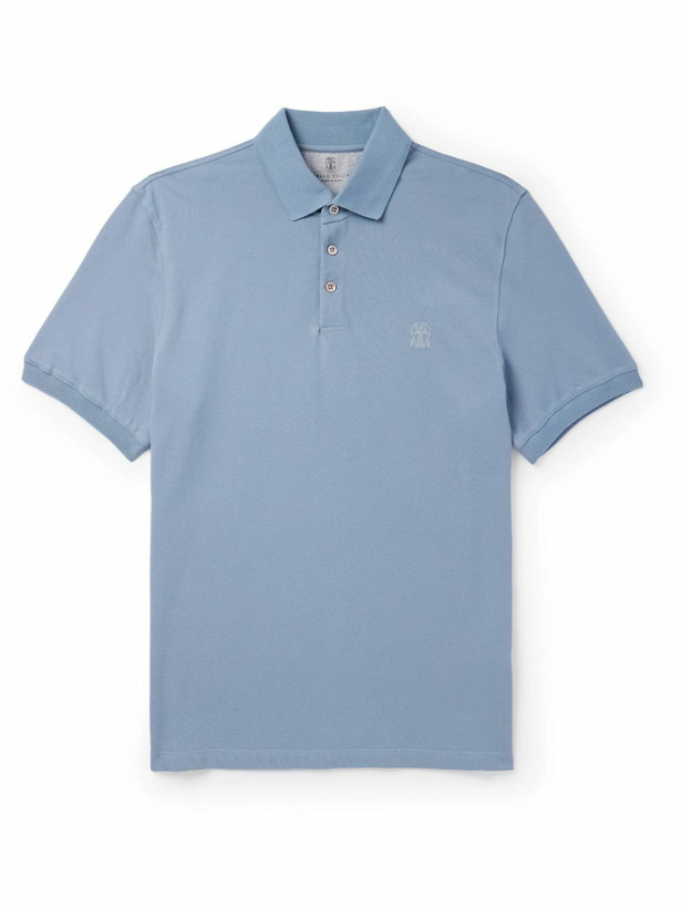 Photo: Brunello Cucinelli - Logo-Print Cotton-Piqué Polo Shirt - Blue