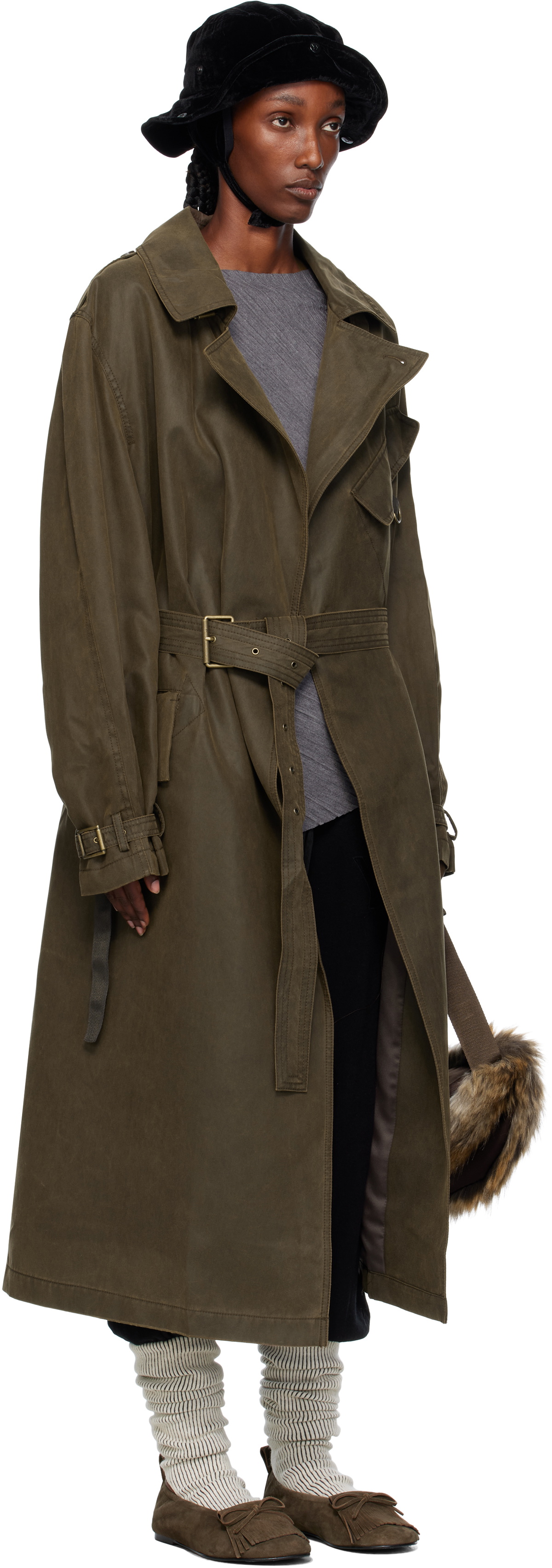 OPEN YY Khaki Motorcycle Maxi Trench Coat
