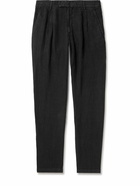 Mr P. - Steve Tapered Pleated Organic Cotton and Linen-Blend Trousers - Black