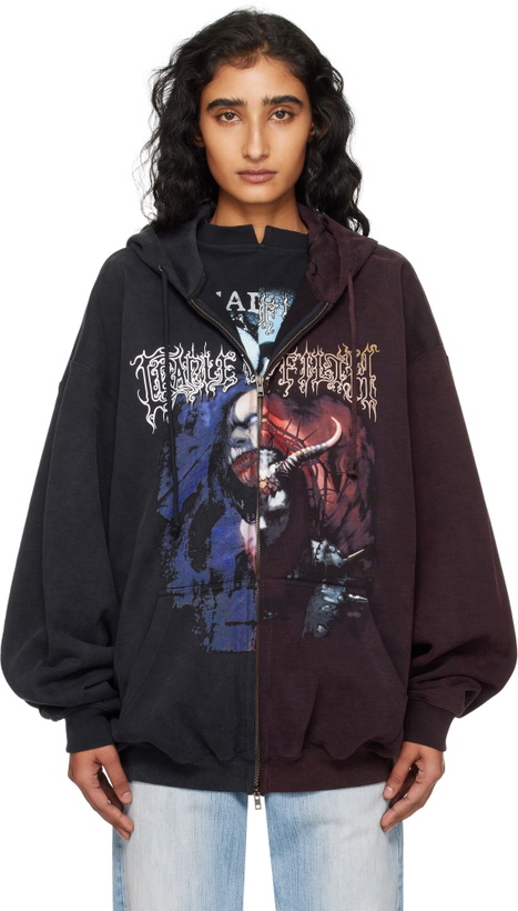 Photo: VETEMENTS Black & Burgundy Cradle of Filth Cut-Up Oversized Zip-Up Hoodie