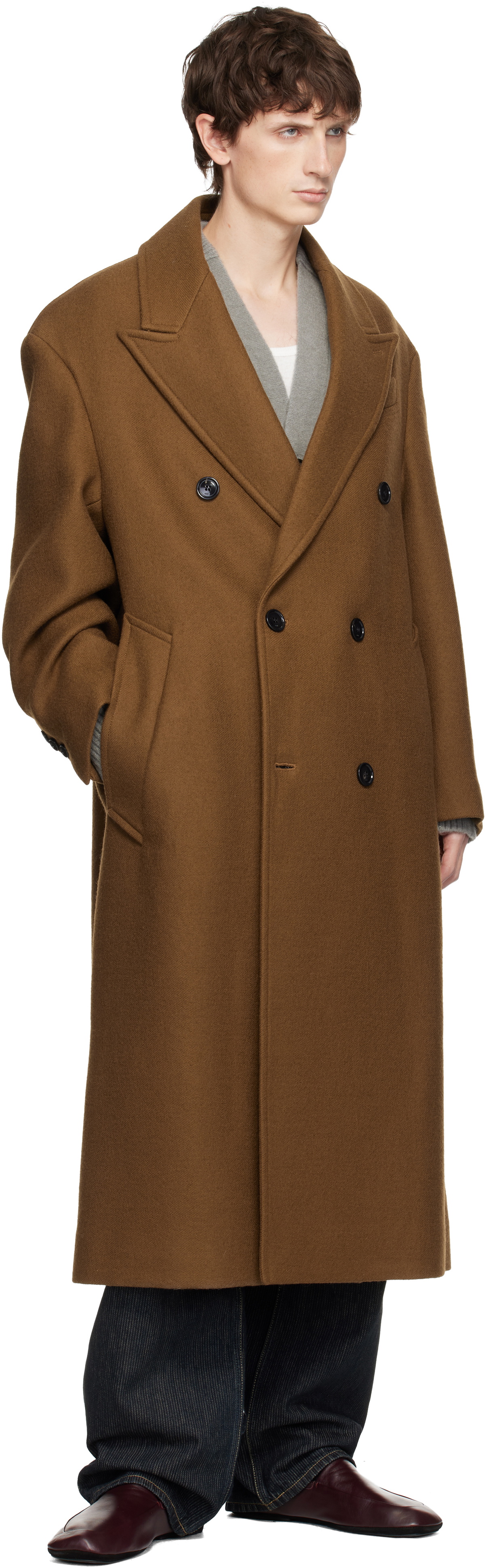 AMI Paris Brown Wool Double Breasted Long Coat