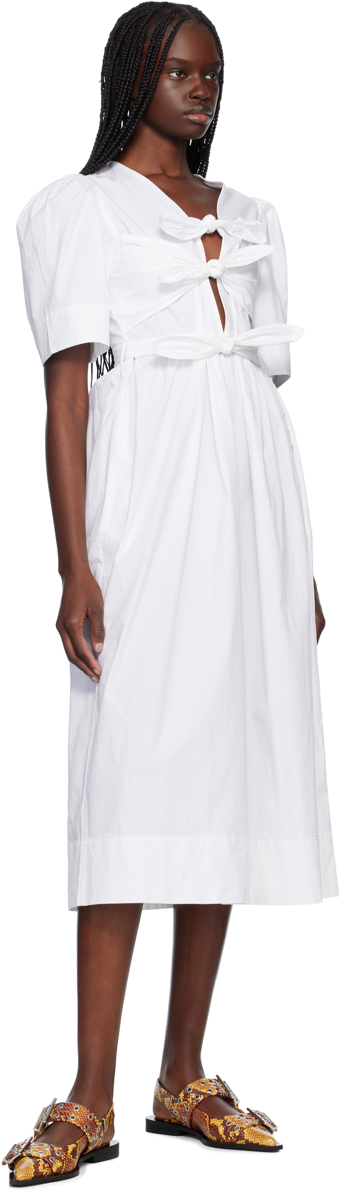 GANNI White Stretch Cotton Tie Strap Midi Dress GANNI