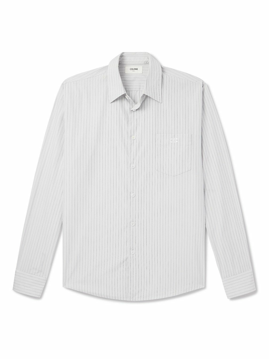 CELINE - Logo-Embroidered Striped Cotton-Poplin Shirt - Gray