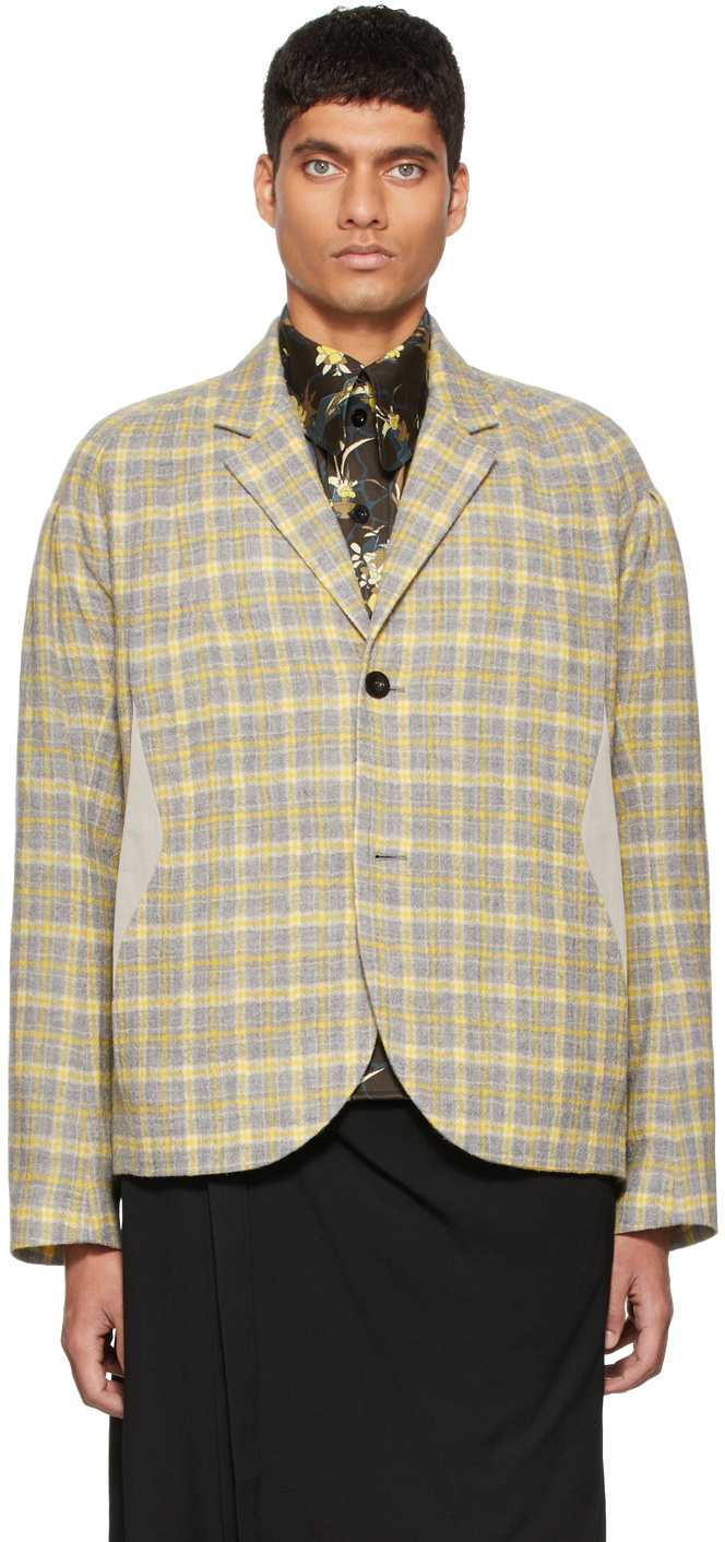 Kiko Kostadinov Yellow & Grey Check Harkman Darted Shoulder Blazer