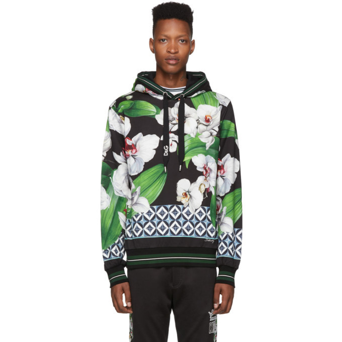 Dolce and Gabbana Black and Multicolor Orchid Print Hoodie Dolce