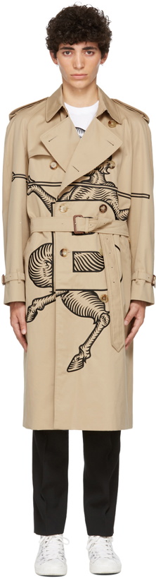 Photo: Burberry SSENSE Exclusive Beige Mythical Alphabet Embroidered Exploded Motif Trench Coat
