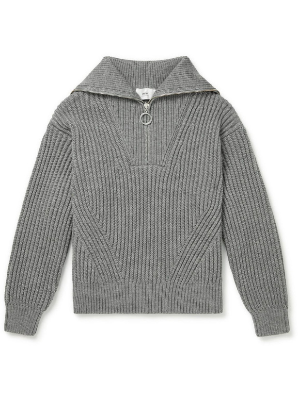 Photo: AMI PARIS - Ribbed Virgin Wool Half-Zip Sweater - Gray